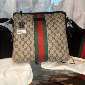 Gucci Brown GG Supreme Messenger Bag with Green-Red Web Stripe